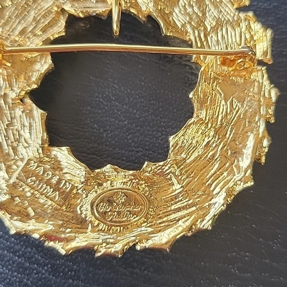 CHRISTOPHER RADKO Vintage Christmas Wreath Enamel Brooch with Rhinestones